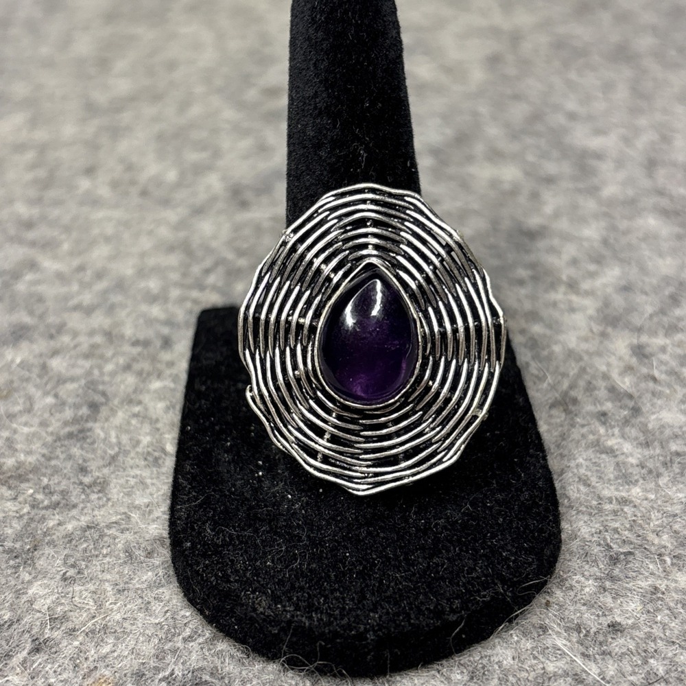 Amethyst Ring Size 7 Silver Tone Wire Wrap Statement Ring Purple Stone